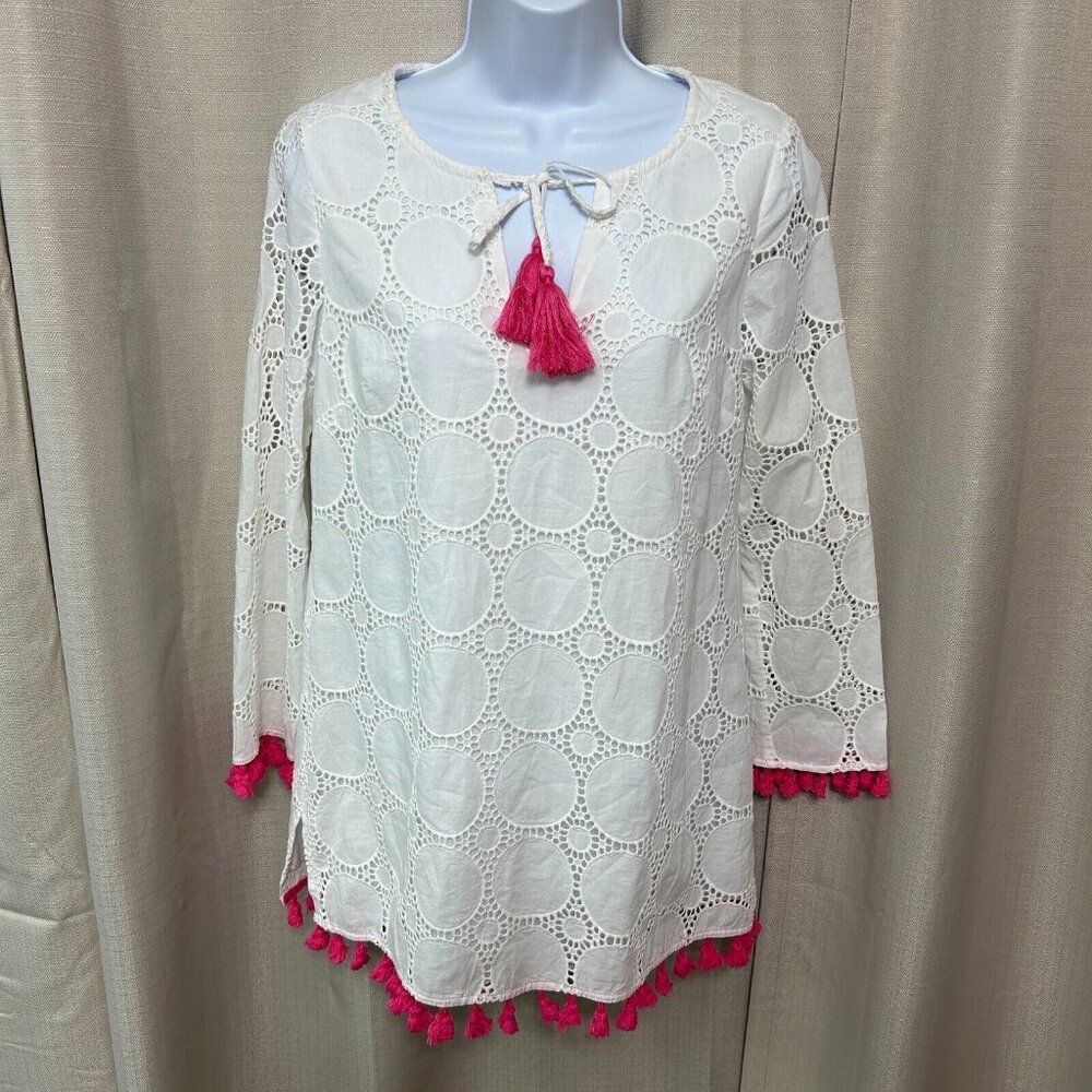 STS Sail To Sable 3/4 Sleeve Tassel Tunic Top Women's Size XS White Pink Trim